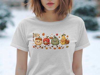 Cute cartoon pumpkin, apple, pumpkin, and pear parade holding a "Hello Fall" sign.