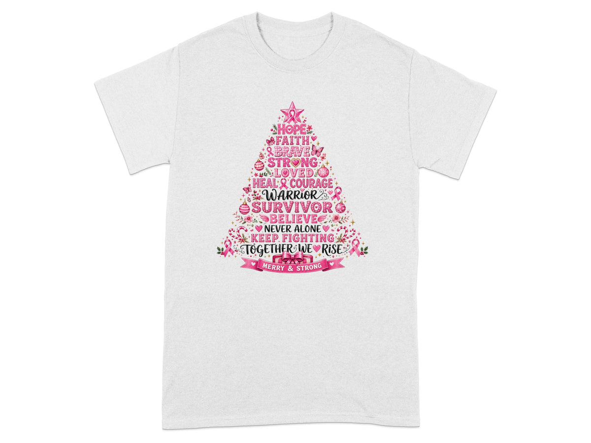 White t-shirt with a pink Christmas tree design listing breast cancer awareness words.