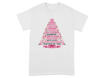 White t-shirt with a pink Christmas tree design listing breast cancer awareness words.