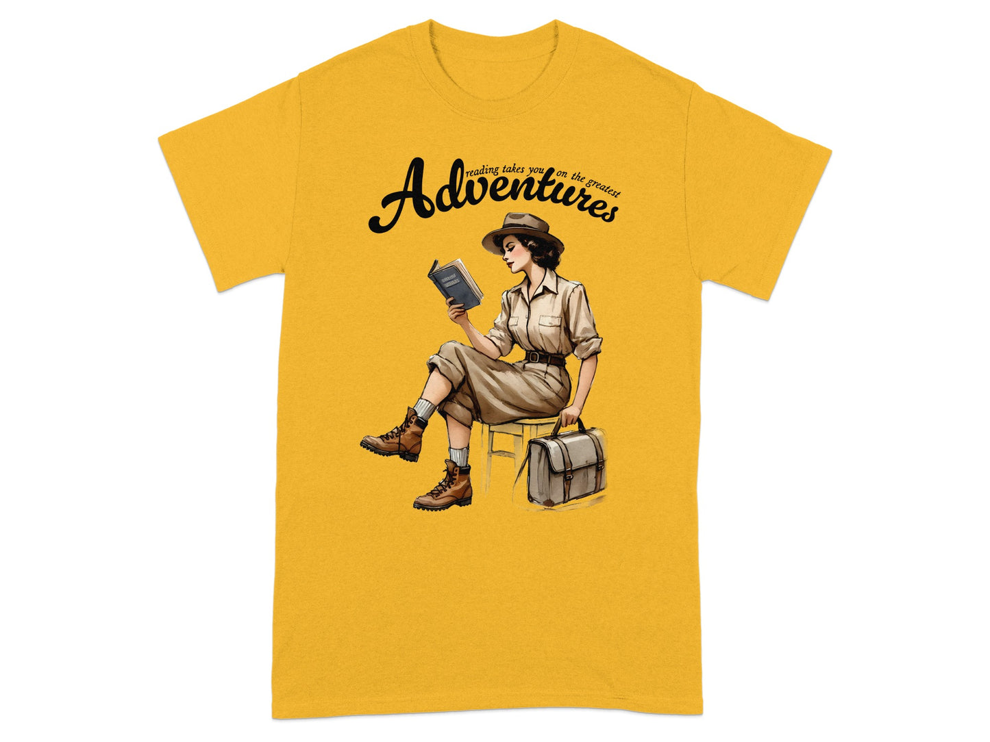 Yellow t-shirt with "Adventures reading takes you on the greatest" text and illustration.