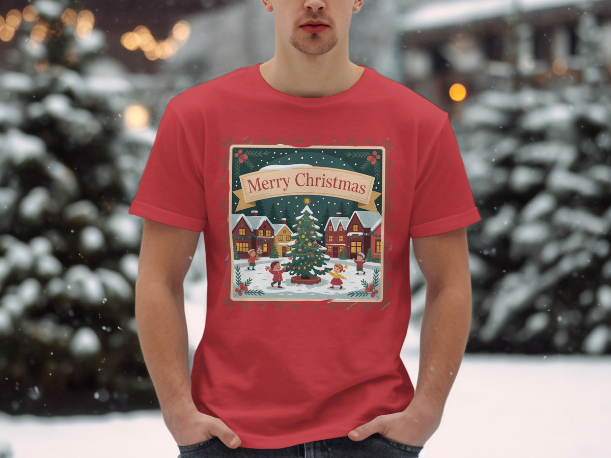 Red t-shirt with a "Merry Christmas" scene featuring children, a tree, and houses.