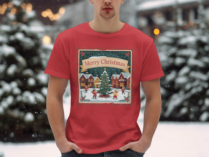 Red t-shirt with a "Merry Christmas" scene featuring children, a tree, and houses.