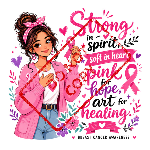 Cartoon woman with pink ribbon, text "Strong in spirit, soft in heart", "pink for hope, art for healing", "Breast Cancer Awareness".