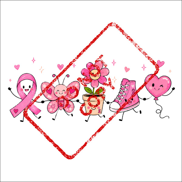 Pink ribbon, butterfly, flower in pot, sneaker, and heart balloon holding hands.