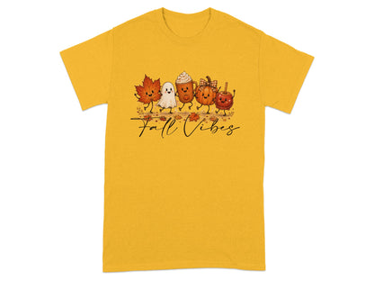 Yellow t-shirt with cartoon autumn characters and "Fall Vibes" text.