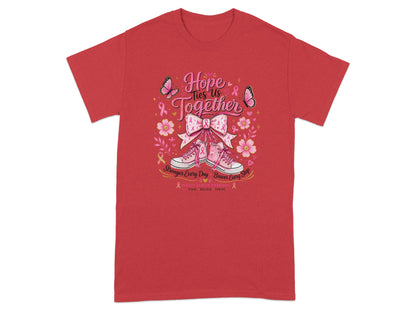 Red t-shirt with "Hope Ties Us Together" graphic, pink ribbon, shoes, and butterflies.