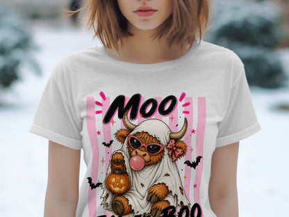 A Highland cow in a ghost costume, sunglasses, and bubblegum says "Moo Boo."