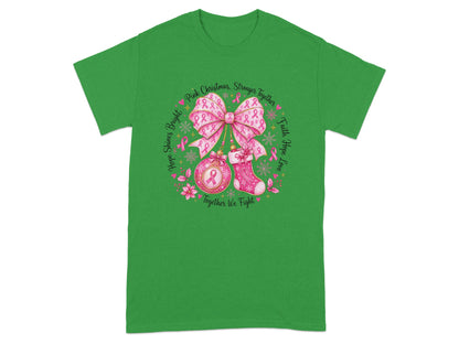 Pink Christmas design with ribbon, ornament, and stocking, reading "Together We Fight."