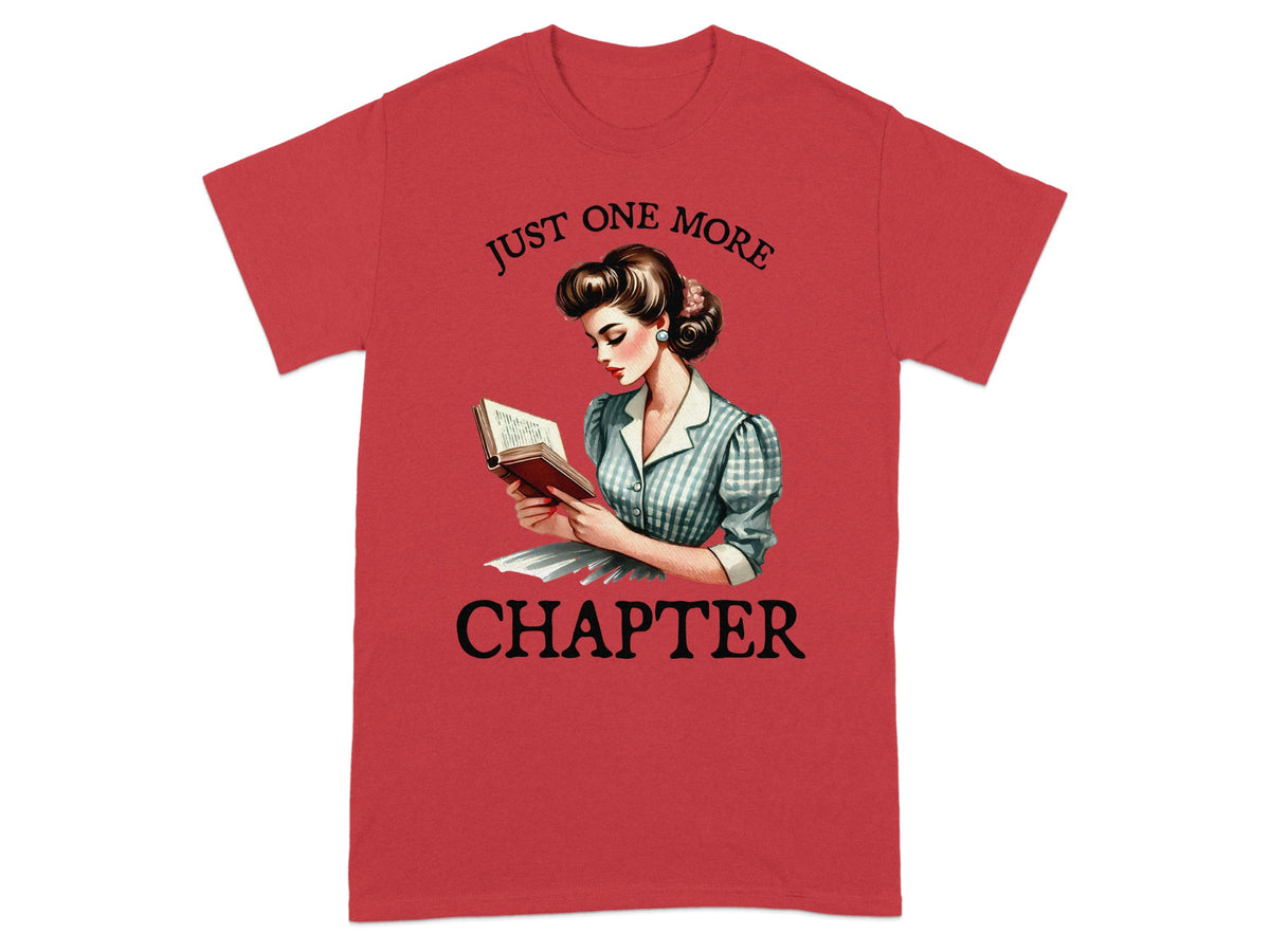 Red t-shirt with graphic of woman reading, "Just one more chapter."