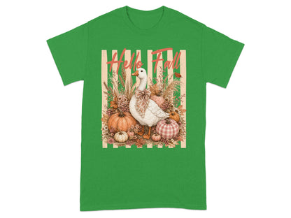 White goose among pumpkins and fall foliage with "Hello Fall" text.