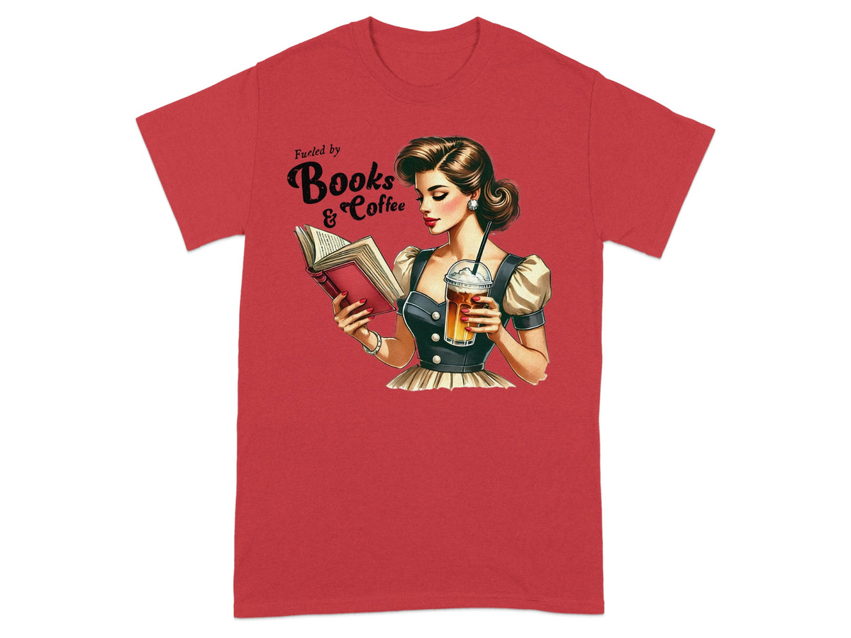 Illustration of a woman reading a book and holding coffee, "Fueled by Books & Coffee" text.