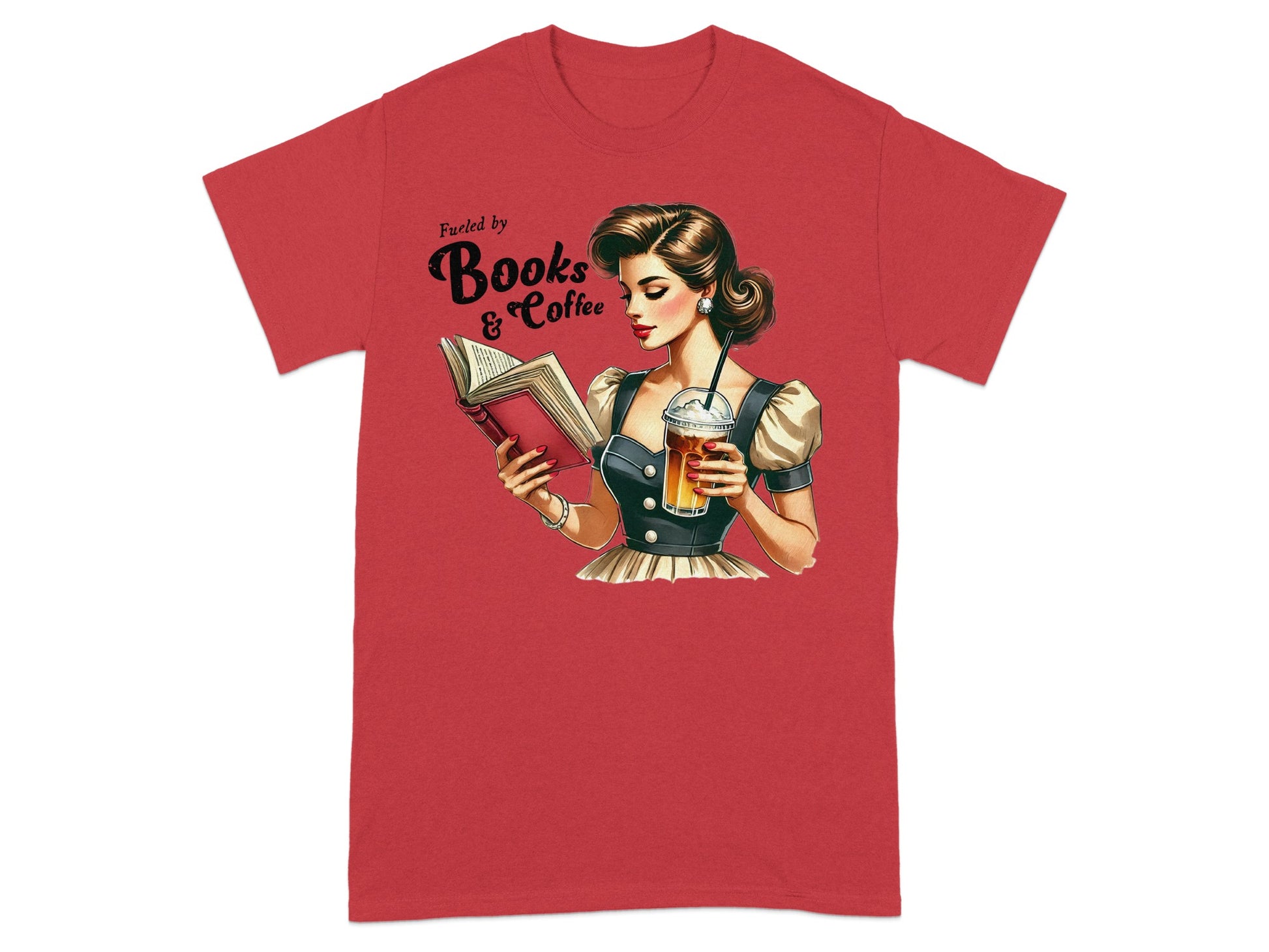 Illustration of a woman reading a book and holding coffee, "Fueled by Books & Coffee" text.