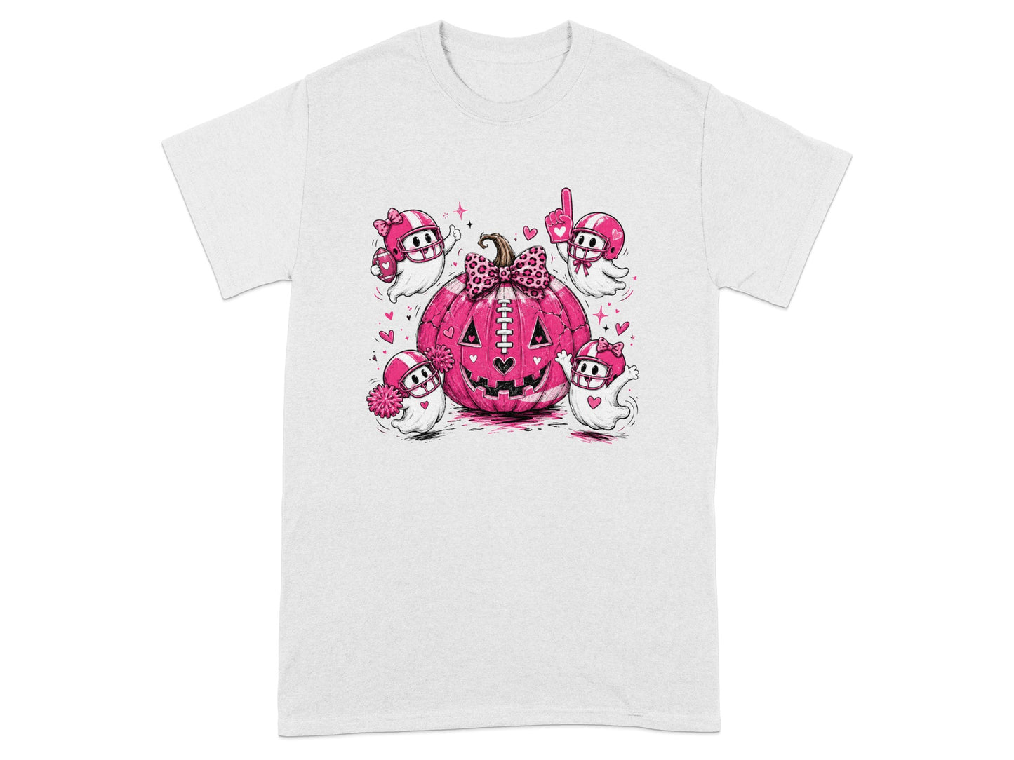 Pink pumpkin with football player ghosts and leopard bow.