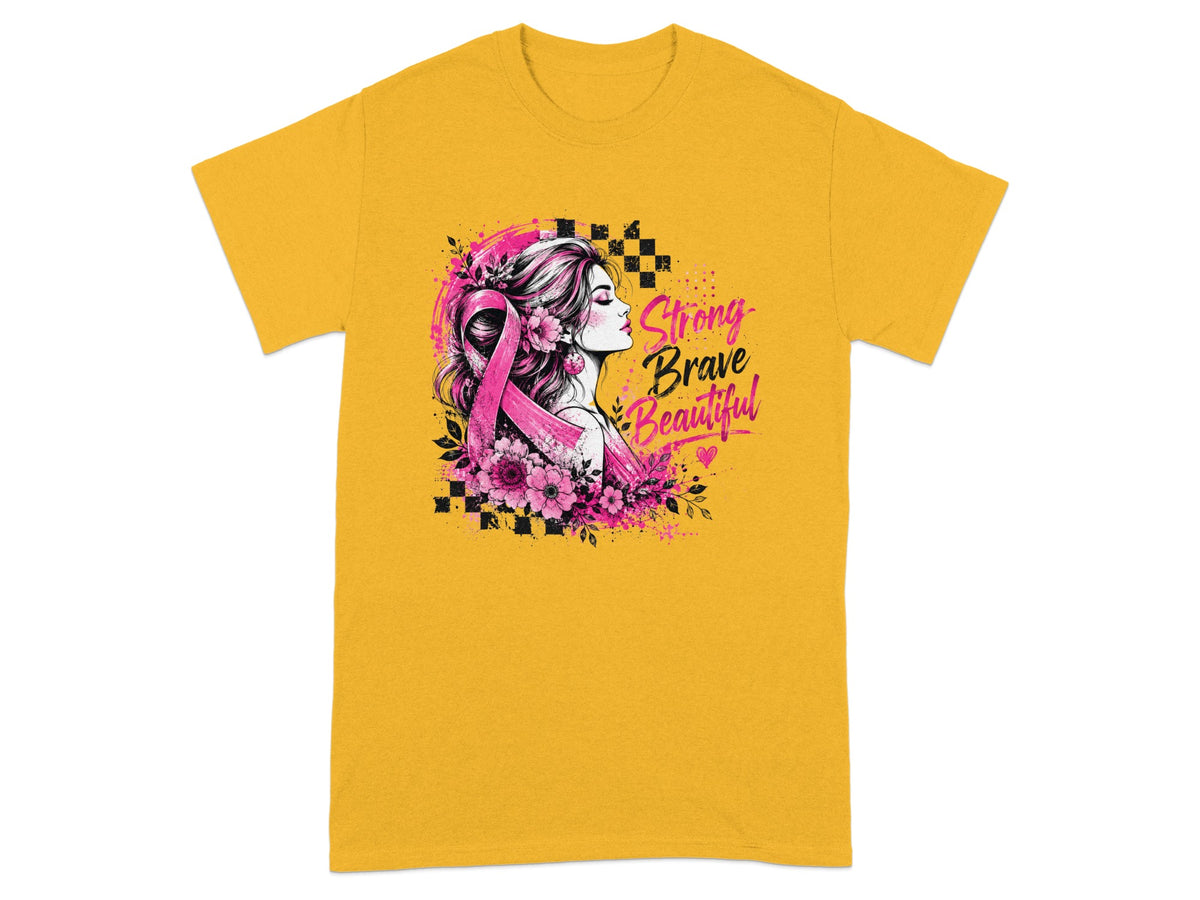 Yellow t-shirt with artwork of a woman's profile, pink ribbon, flowers, and text.