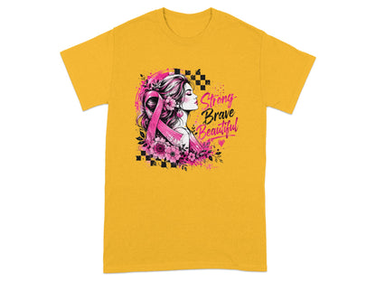 Yellow t-shirt with artwork of a woman's profile, pink ribbon, flowers, and text.