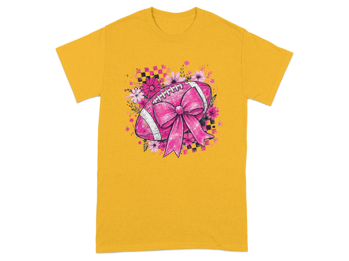 Yellow t-shirt with a pink football adorned with a bow and flowers.