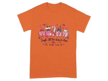 Orange t-shirt with festive Christmas characters and "Jingle All the Way for Hope" text.