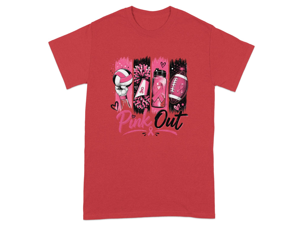 Pink Out graphic on red shirt with volleyball, pom-poms, water bottle, and football.