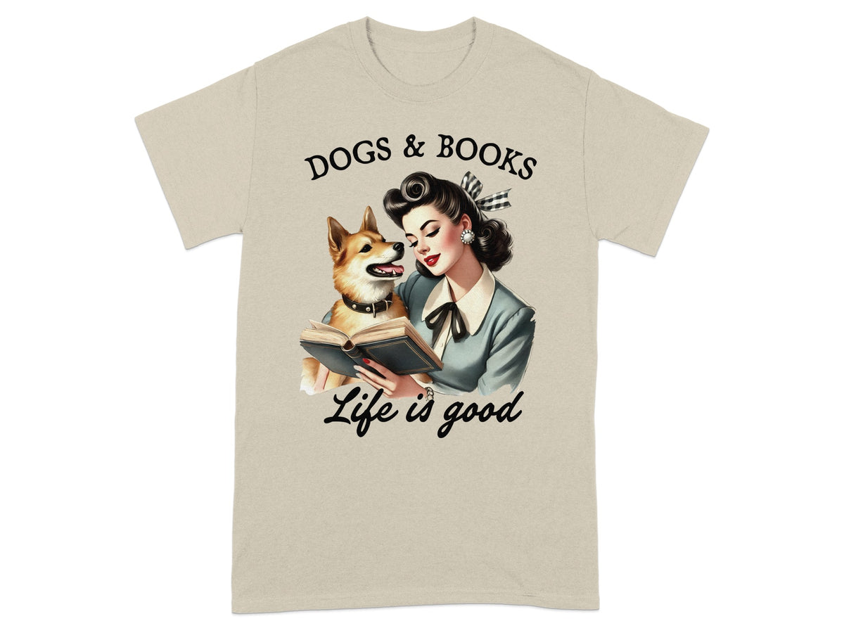 T-shirt with illustration of a woman and dog reading a book, text "DOGS & BOOKS Life is good".
