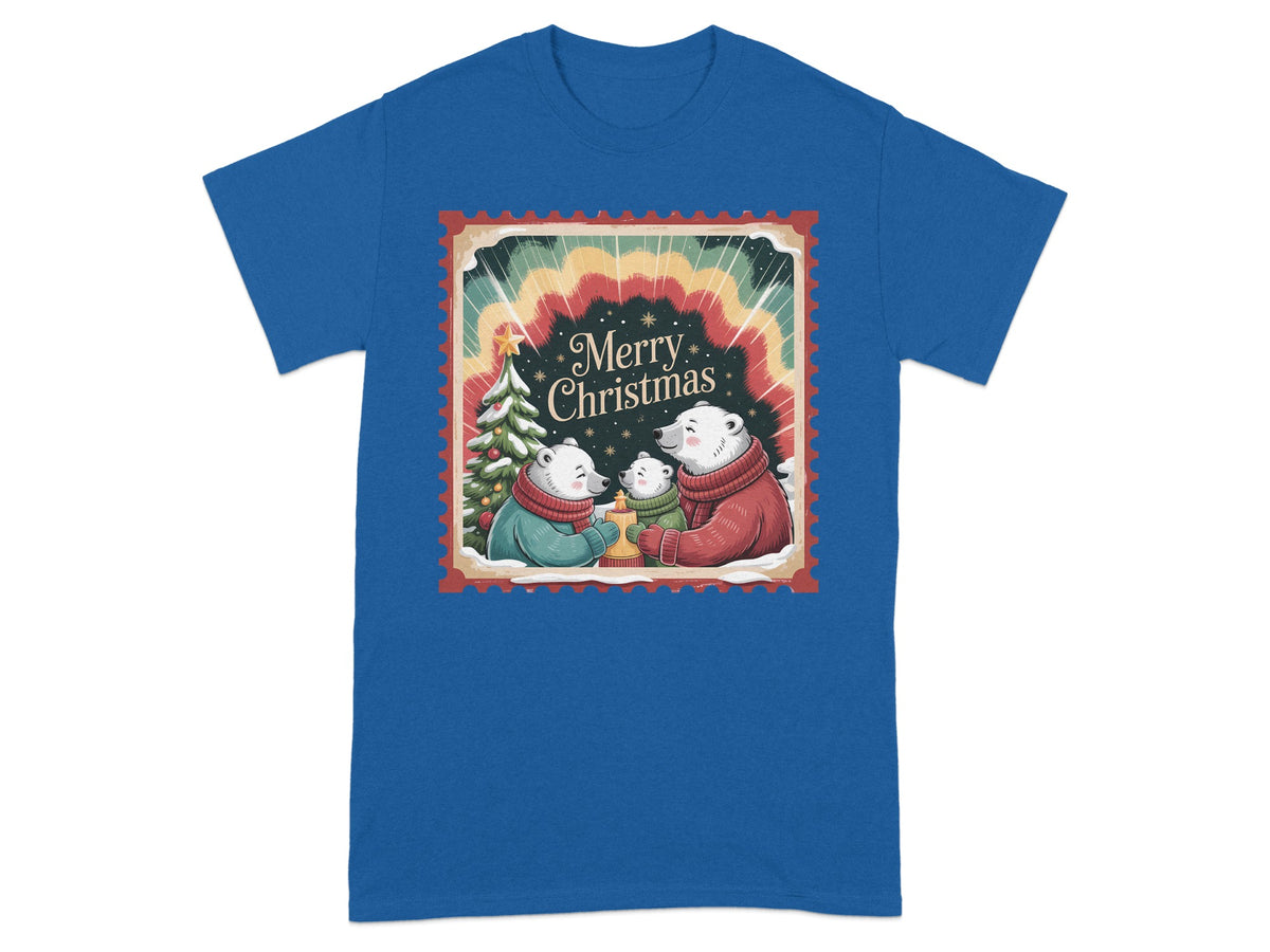 Christmas card design with polar bears, tree, and "Merry Christmas" text.