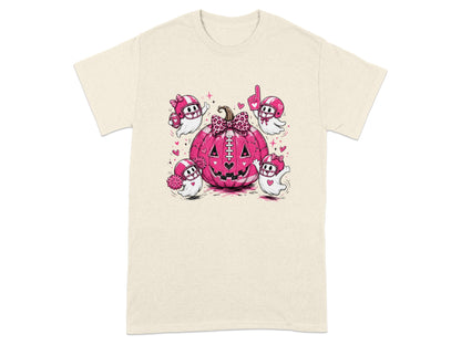 Four cute ghosts in pink football helmets surround a pink jack-o'-lantern with a leopard print bow.