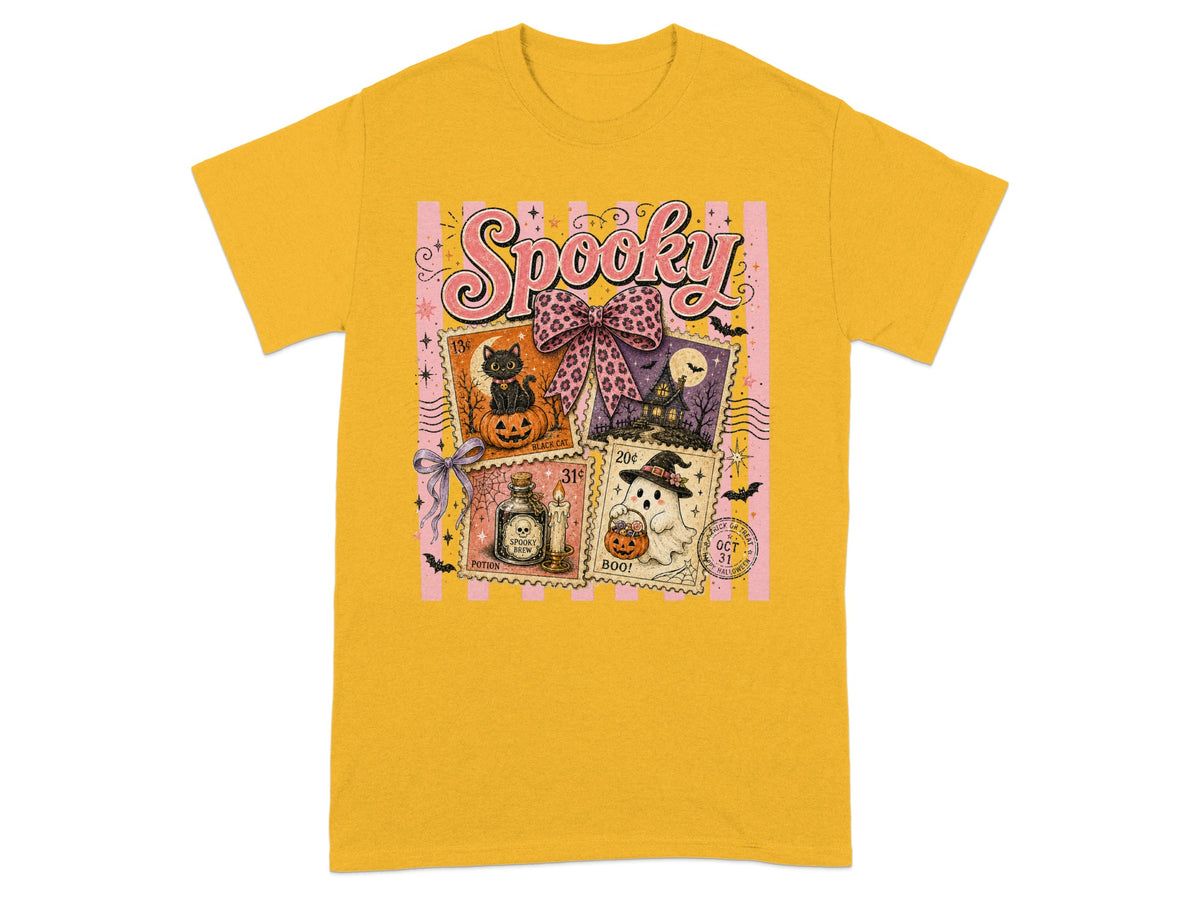 Yellow t-shirt with a "Spooky" Halloween graphic featuring vintage stamps.