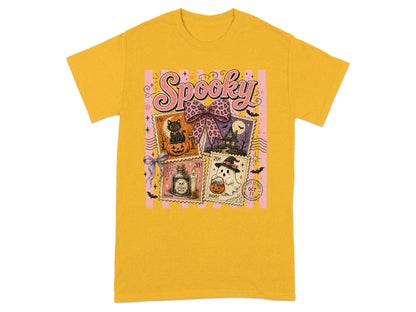 Yellow t-shirt with a "Spooky" Halloween graphic featuring vintage stamps.