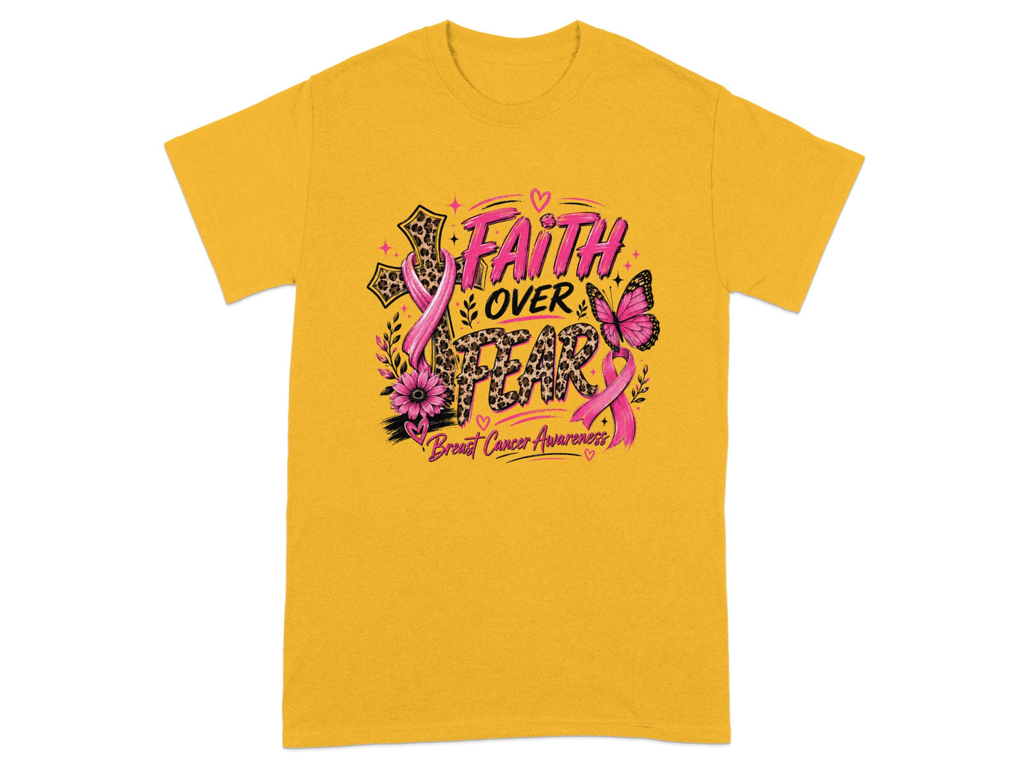 Yellow t-shirt with "Faith Over Fear" text and breast cancer awareness ribbon.