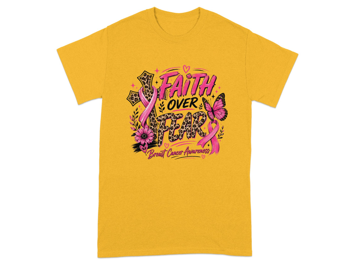 Yellow t-shirt with "Faith Over Fear" text and breast cancer awareness ribbon.