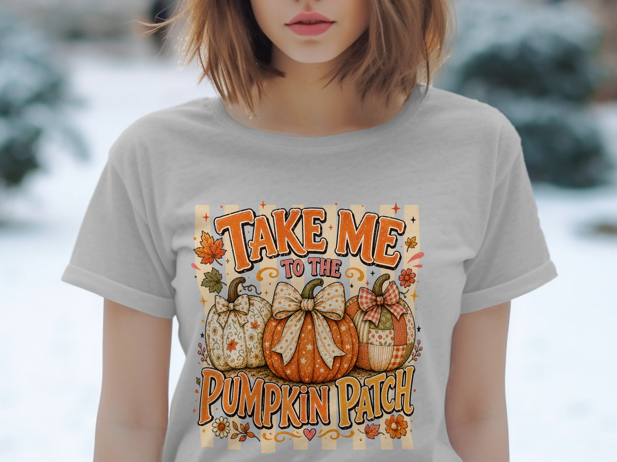 "Take me to the pumpkin patch" text with three decorated pumpkins and autumn leaves.