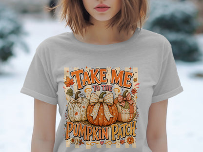"Take me to the pumpkin patch" text with three decorated pumpkins and autumn leaves.