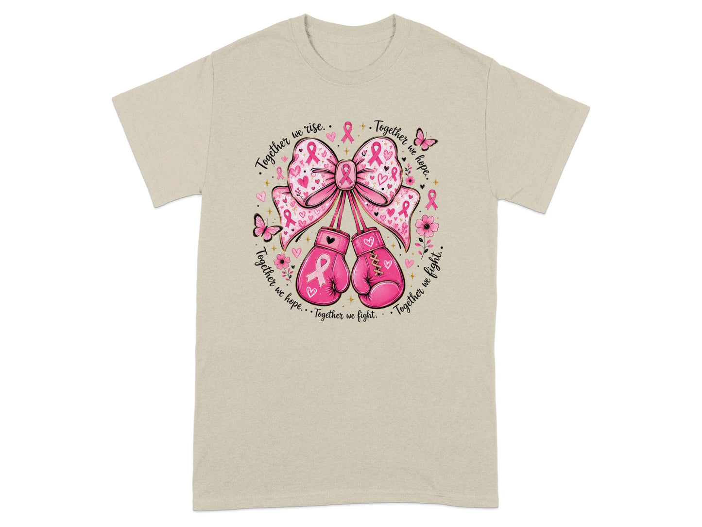 T-shirt with pink boxing gloves, bow, and breast cancer awareness ribbons.