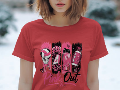 T-shirt graphic with volleyball, pom-poms, water bottle, football and "Pink Out" text.