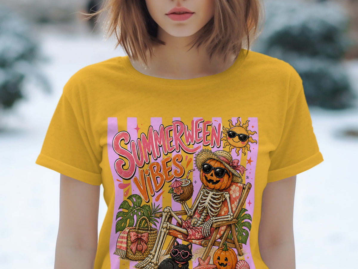 Yellow t-shirt with "SUMMERWEEN VIBES" text and skeleton with pumpkin head on beach.