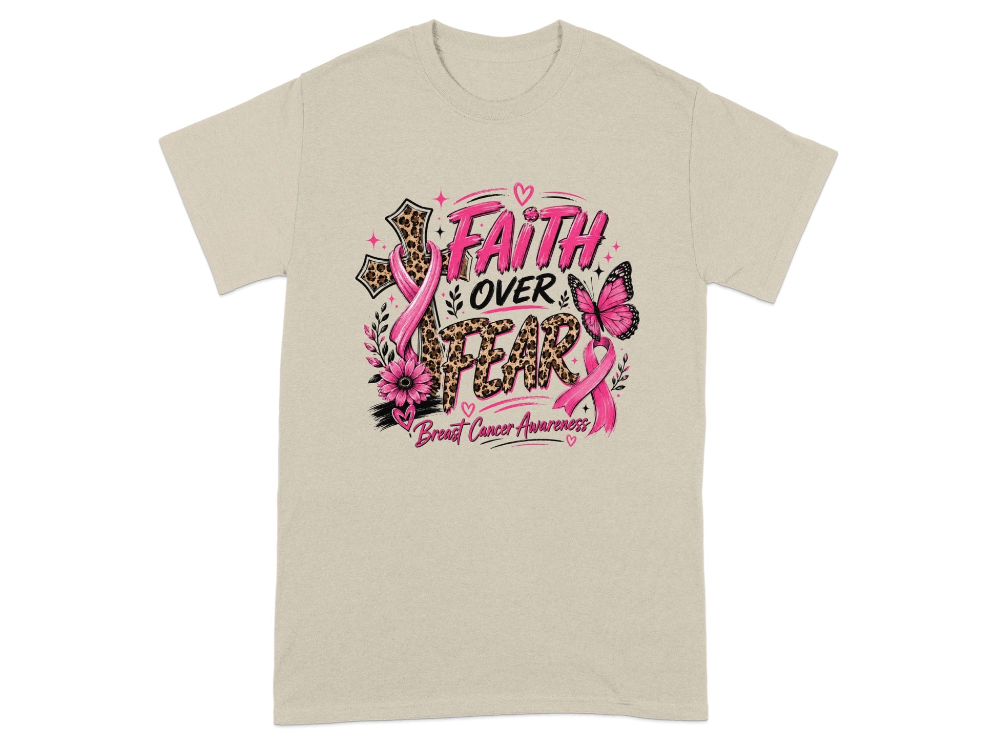 Cream t-shirt with "Faith Over Fear" breast cancer awareness graphic.