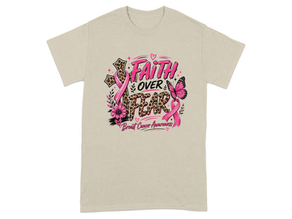 Cream t-shirt with "Faith Over Fear" breast cancer awareness graphic.