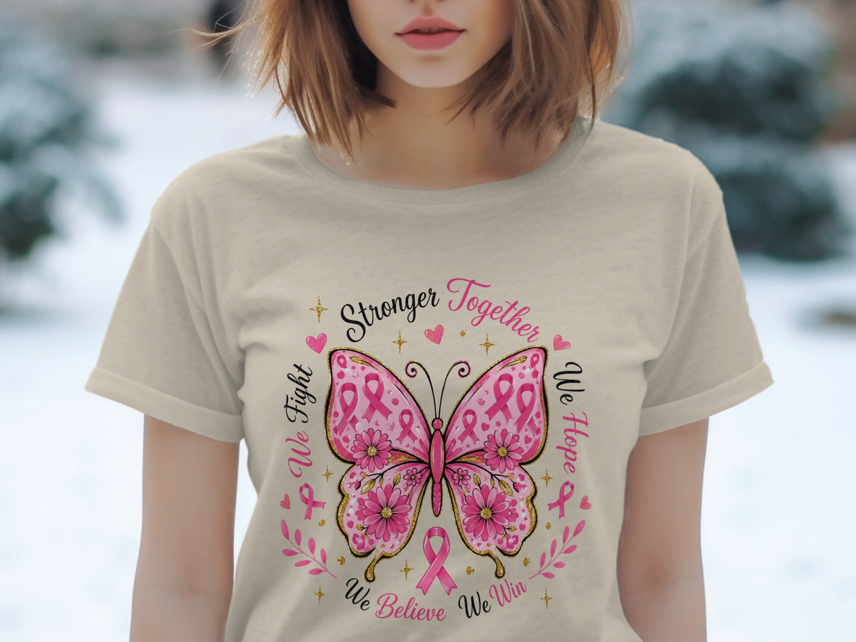 T-shirt with butterfly and breast cancer awareness ribbons, "Stronger Together" text.