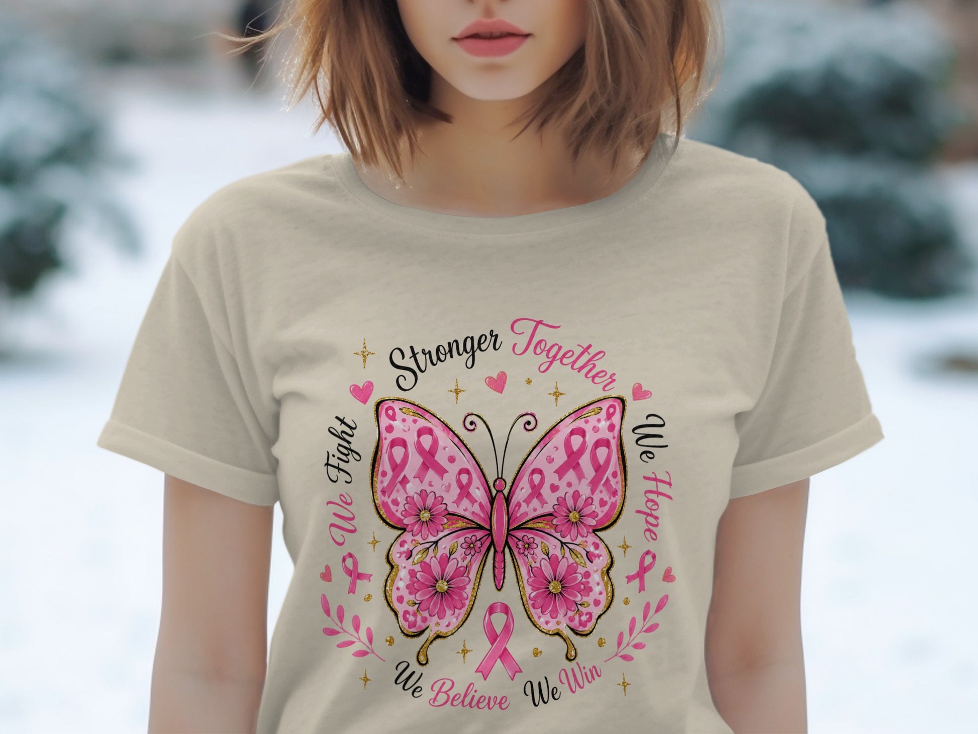 T-shirt with butterfly and breast cancer awareness ribbons, "Stronger Together" text.