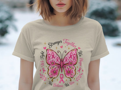 T-shirt with butterfly and breast cancer awareness ribbons, "Stronger Together" text.