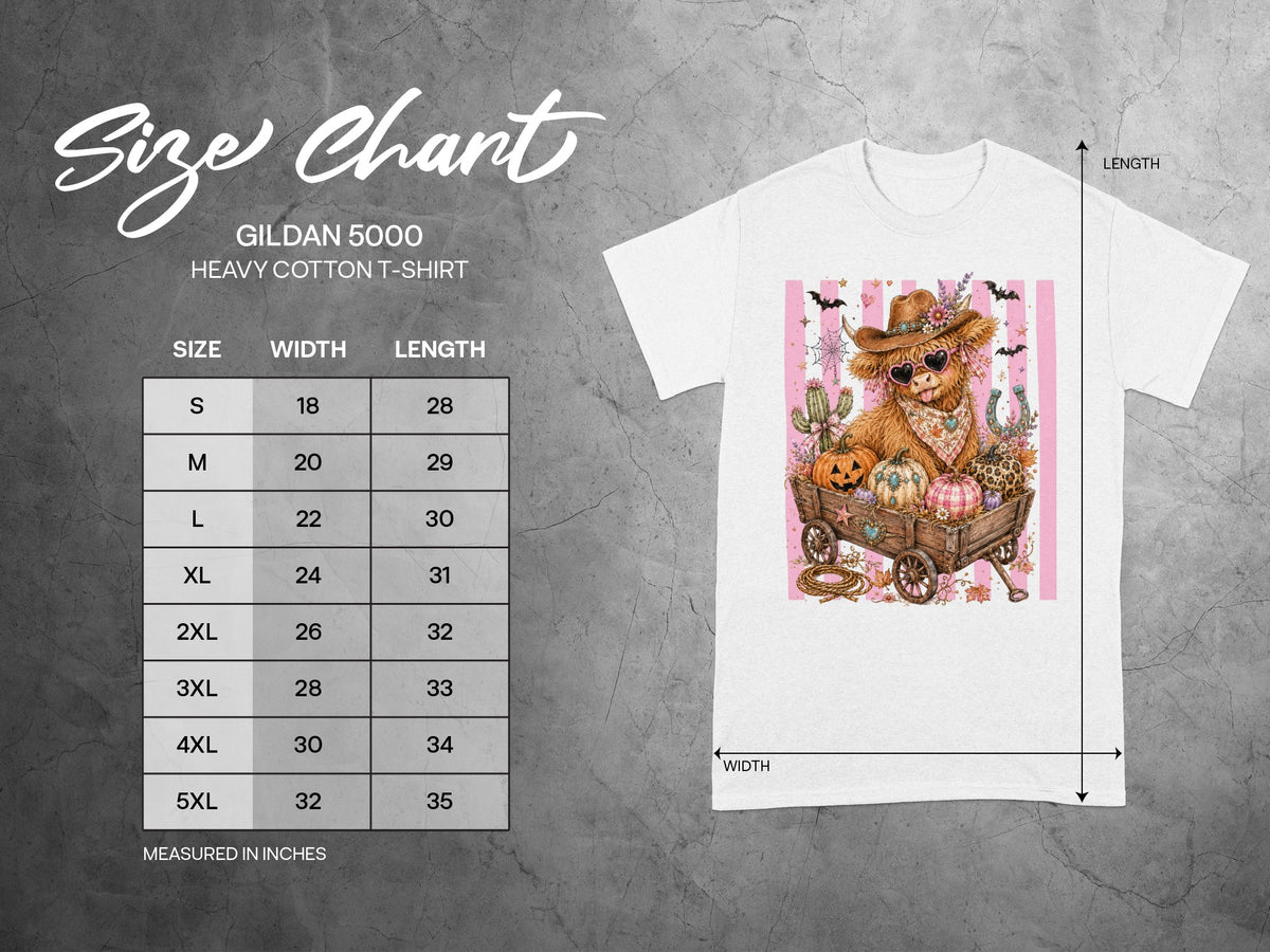 Gildan 5000 Heavy Cotton T-Shirt size chart with width and length measurements.