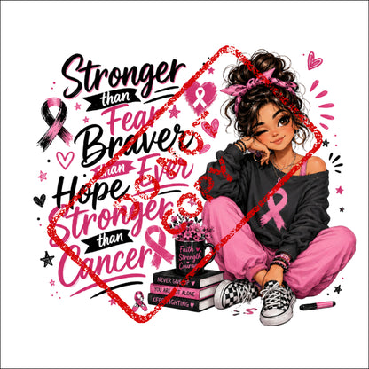 Girl with pink ribbon apparel, "Stronger than Cancer" text, and inspirational books.