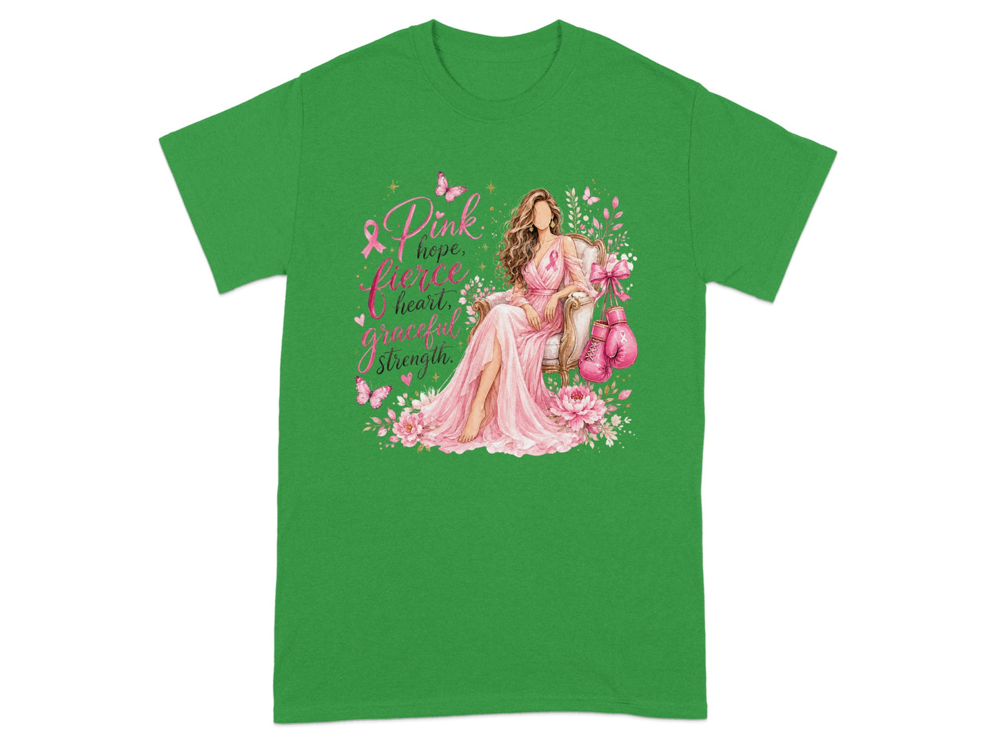 Green t-shirt with woman sitting with pink boxing gloves and text "hope, fierce heart, graceful strength".