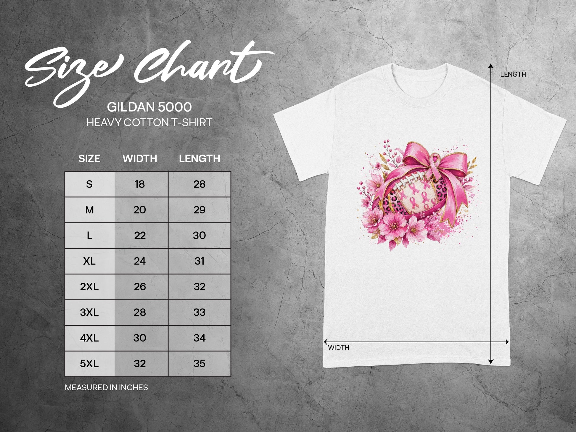 Gildan 5000 t-shirt size chart with breast cancer awareness football design.