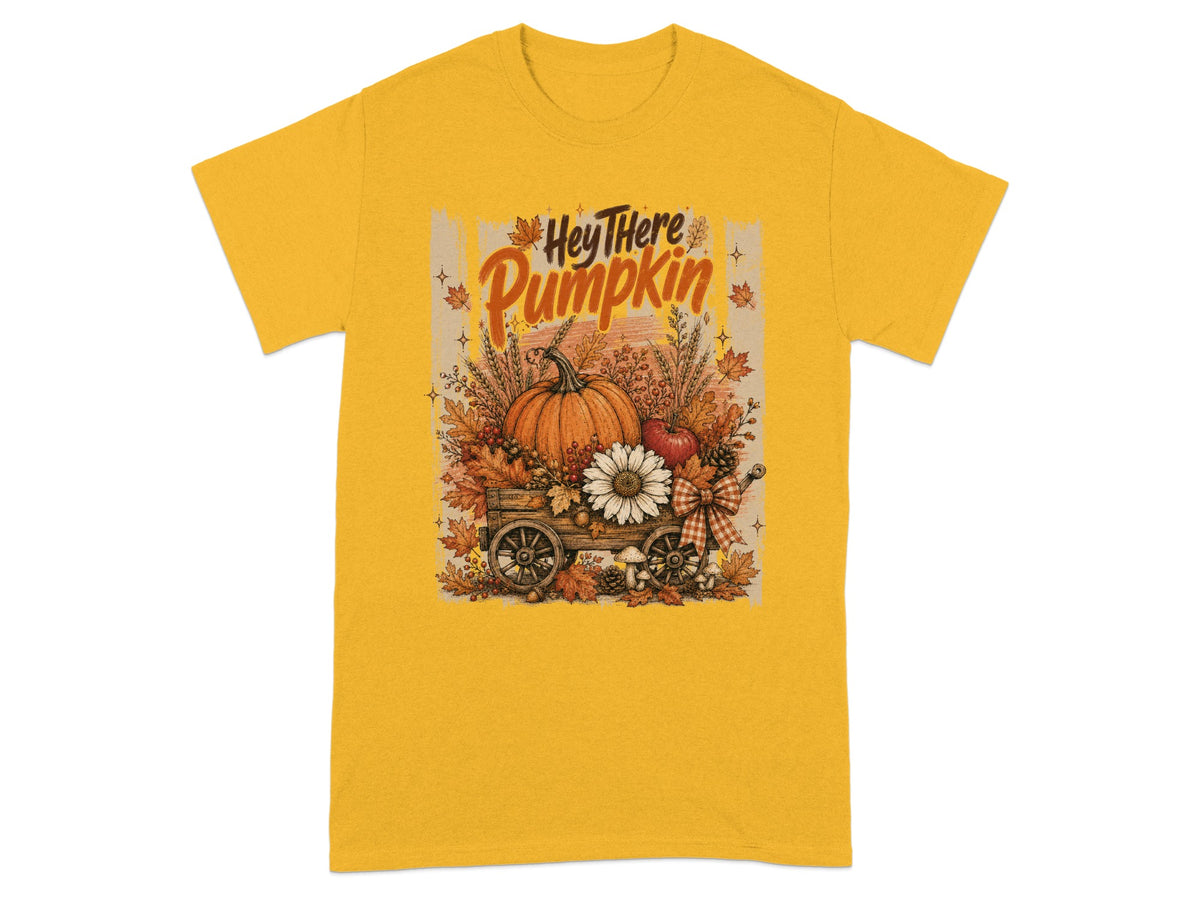 Yellow t-shirt with "Hey There Pumpkin" text and a fall harvest wagon graphic.
