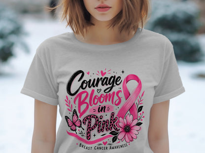 Gray t-shirt with "Courage Blooms in Pink" text and breast cancer ribbon.
