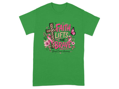 Green t-shirt with "Faith Lifts The Brave" and breast cancer awareness graphic.