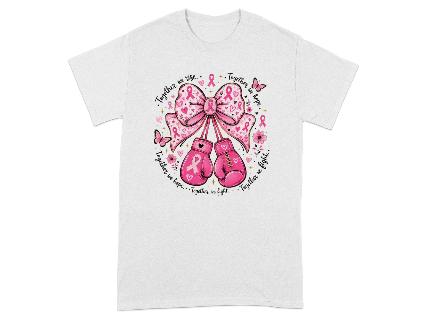Pink boxing gloves and bow with breast cancer ribbons, butterflies, and text.