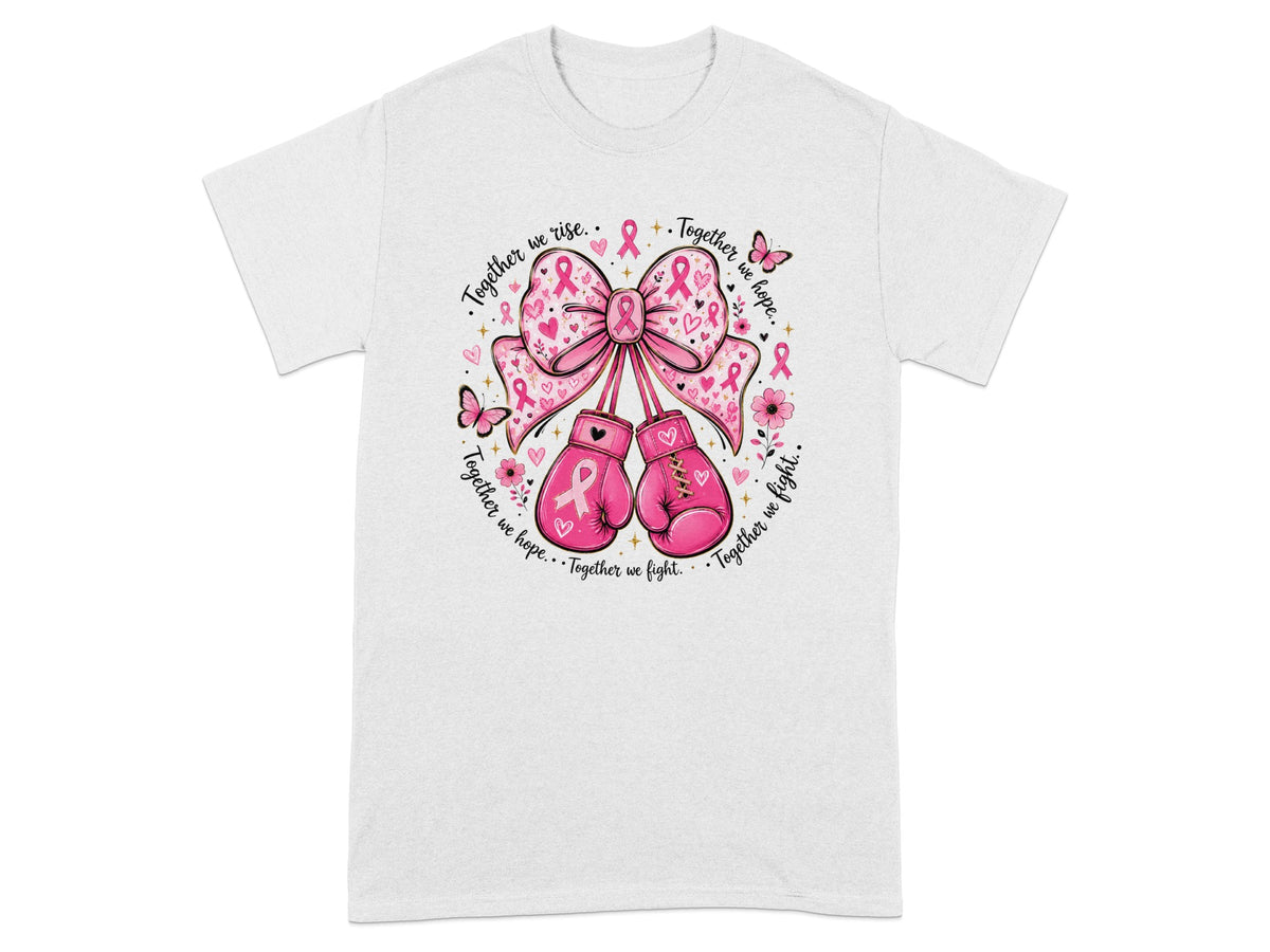 Pink boxing gloves and bow with breast cancer ribbons, butterflies, and text.
