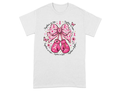 Pink boxing gloves and bow with breast cancer ribbons, butterflies, and text.