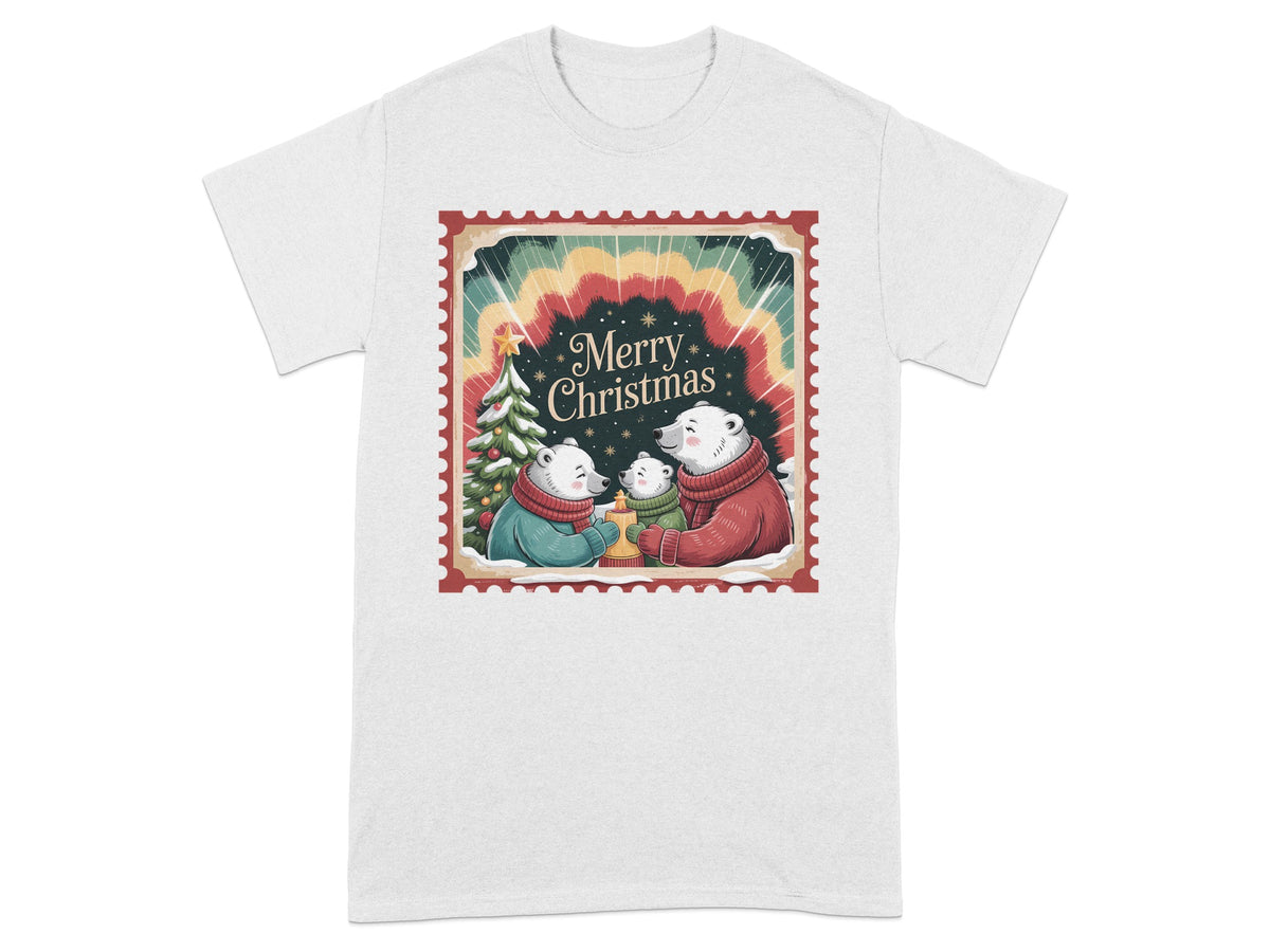 Illustration of polar bears and a Christmas tree with "Merry Christmas" text on a stamp.